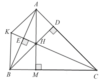 Cho tam giác ABC nhọn, đường cao BD,CE cắt nhau ở H, cắt BC tại M. Chứng minh rằng: (a) Biết AM⊥BC. Chứng minh ˆBAM=ˆECB. (b) Lấy điểm K sao cho AB là trung trực của HK. Chứng minh rằng ˆKAB=ˆKCB. (ảnh 1)