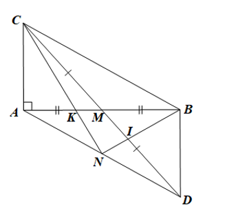 Cho tam giác ABC vuông tại A, đường trung tuyến CM. Trên tia đối của tia MC lấy điểm D sao cho MD=MC. (a) Chứng minh ΔMAC=ΔMBD. (b) Chứng minh AC+BC>2CM. (ảnh 1)