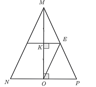 Cho tam giác MNP cân tại M. Gọi O là trung điểm NP. (a) Chứng minh rằng ΔMON=ΔMOP. (b) Gọi K là trung điểm của MO. Qua K vẽ đường thẳng vuông góc với MO và cắt MP tại E. Chứng minh rằng ΔEMK=ΔEOK. (ảnh 1)