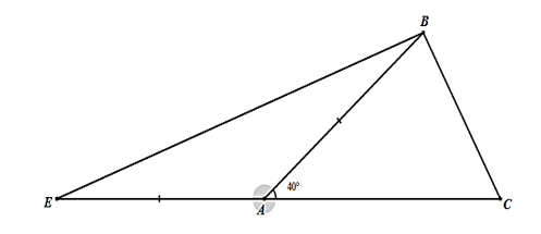 Cho ΔABC có ˆA=40∘,ˆB−ˆC=20∘ trên tia đối của AC lấy điểm E sao cho AE=AB. Hỏi số đo của ˆCBE bằng bao nhiêu độ? (ảnh 1)