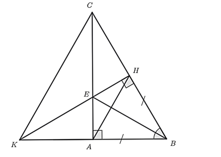 Cho tam giác ABC vuông tại A có ˆB=60∘. Trên BC lấy điểm H sao cho HB=BA, từ H kẻ HE vuông góc với BC tại H (E∈AC). Gọi K là giao điểm của HE và BA. (ảnh 1)