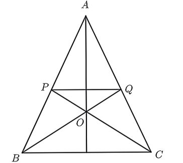 Cho tam giác ABC cân tại A có CP và BQ là các đường phân giác trong của tam giác ABC cân tại A có CP và BQ là các đường phân giác trong của tam giác ABC(P∈AB,Q∈AC). Gọi O là giao điểm của CP và BQ. (ảnh 1)