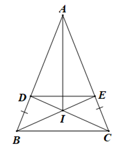 Cho tam giác ABC cân tại A. Lấy điểm D trên cạnh AC, điểm E trên cạnh AC sao cho BD=CE. (a) Chứng minh AD=AE và ΔABE=ΔACD. (b) Chứng minh ΔABI=ΔACI, từ đó suy ra AI là đường phân giác của góc BAC. (ảnh 1)