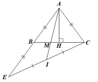 Cho tam giác ABC cân tại A. Kẻ AH⊥BC tại H. (a) Chứng minh ΔAHB=ΔAHC, từ đó suy ra H là trung điểm của BC. (b) Trên tia đối của tia BA lấy điểm E sao cho AB=BE. Gọi I là trung điểm của EC,BC (ảnh 1)