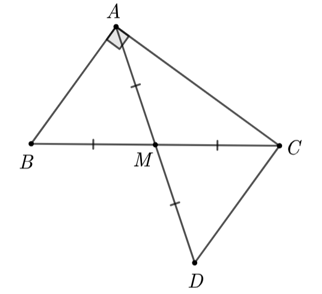 Cho tam giác ABC vuông tại A, M là trung điểm của BC. (a) Chứng minh AM=BC/2. (b) Chứng minh rằng: Nếu ˆC=30∘ thì AB=BC/2. (ảnh 1)