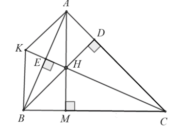 Cho tam giác ABC nhọn, đường cao BD,CE cắt nhau ở H, AH cắt BC tại M. Chứng minh rằng: (a) Biết AM⊥BC. Chứng minh ˆBAM=ˆECB. (ảnh 1)
