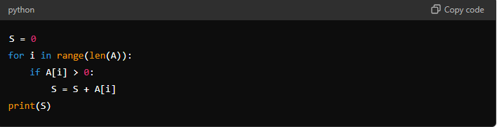 Dựa vào đoạn mã dưới đây, hãy xác định xem các phát biểu sau là đúng hay sai:

a) Vòng lặp for trong đoạn mã sẽ chạy đúng bằng số phần tử trong danh sách A.
b) Điều kiện A[i] > 0 trong đoạ (ảnh 1)