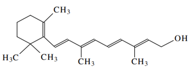 Vitamin A (retinol) là một chất dinh dưỡng thiết yếu, có vai trò quan trọng đối với quá trình tăng trưởng, giúp cho trẻ phát triển bình thường. Công thức của vitamin A được biểu diễn như sau: (ảnh 1)