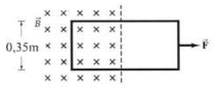 Một phần của khung dây hình chữ nhật có kích thước như hình bên được đặt trong một vùng từ trường đều có cảm ứng từ 0,55 T. Tổng điện trở của vòng dây là 0,23 ôm. Bỏ qua tác d (ảnh 1)