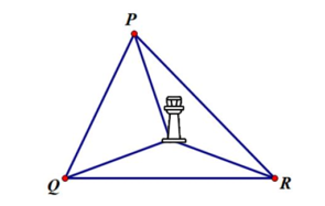 Trên bản đồ quy hoạch của một khu vui chơi, có ba điểm đặt trạm dịch vụ là P, Q và R (như hình vẽ). Ban quản lý khu vui chơi muốn xây dựng một tháp quan sát sao cho vị trí của tháp quan sát này cách đều ba trạm dịch vụ P, Q và R. (ảnh 1)