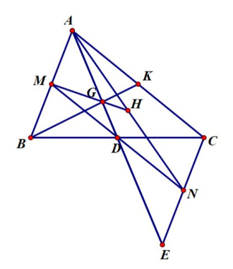  Cho ΔABC, trung tuyến AD. Trên tia đối của tia DA lấy điểm E sao cho DA=DE. (a) Chứng minh ΔADB=ΔEDC và AB//EC. (b) M là trung điểm AB, đường thẳng MD cắt CE tại N. Chứng minh D là trung điểm MN. (ảnh 1)