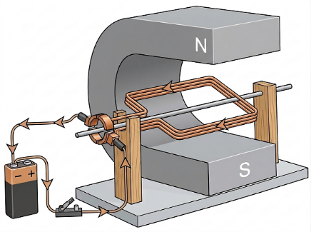 Một nhóm học sinh tiến hành thiết kế mô hình động cơ điện một chiều đơn giản (như sơ đồ hình vẽ) gồm: nam châm chữ U, khung dây dẫn, nguồn điện một chiều và giá đỡ.
Nhóm học sinh dự định sẽ t (ảnh 1)