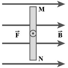 Trong từ trường đều có cảm ứng từ B = 0,06 T, một đoạn dây thẳng MN dài 10 cm mang dòng điện được đặt vuông góc với đường sức từ như hình vẽ. Lực từ tác dụng lên đoạn dây dẫn hướng (ảnh 1)