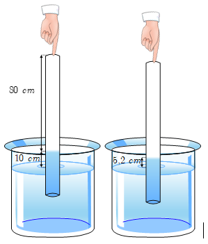 Một ống thuỷ tinh được cắm lộn ngược vào một chậu chứa thuỷ ngân, độ cao cột thuẏ ngân bên trong ống tính từ mặt nước là 10 cm, chiều dài cột không khí bị giam trong ống là 80 cm. Người ta ấn (ảnh 1)