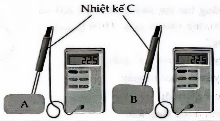 Nhiệt độ của A và B được đo bằng nhau bằng cách đặt chúng tiếp xúc nhiệt với nhiệt kế C như hình vẽ.
 (ảnh 1)