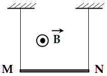Treo đoạn dây dẫn MN bằng hai dây mảnh, nhẹ sao cho dây dẫn MN nằm ngang, khối lượng của một đơn vị chiều dài dây MN là 0,05kg/m. Biết cảm ứng từ có chiều như hình bên dưới, độ lớn \(B  (ảnh 1)