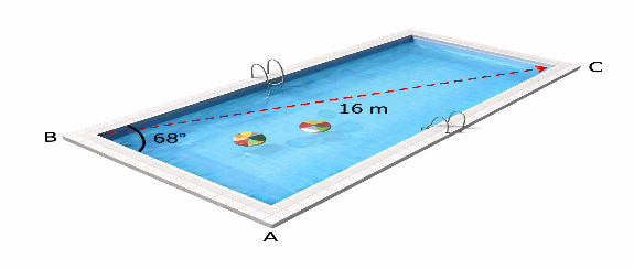  Một hồ bơi có mặt hồ là hình chữ nhật có chiều dài đường chéo BC=16m. Góc tạo bởi đường chéo và chiều rộng AB là 68∘. Em hãy tính chiều dài AC của hồ (kết quả làm tròn chữ số thập phân thứ nhất). (ảnh 1)