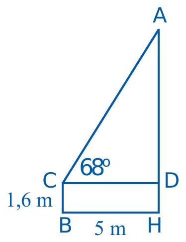  Để ước lượng chiều cao AH của một cây trong sân trường, bạn Chiến đứng trên sân trường với mắt tại vị trí C cách mặt đất một khoảng CB=DH=1,6m và cách cây một khoảng CD=BH=5m như minh hoạ. (ảnh 1)