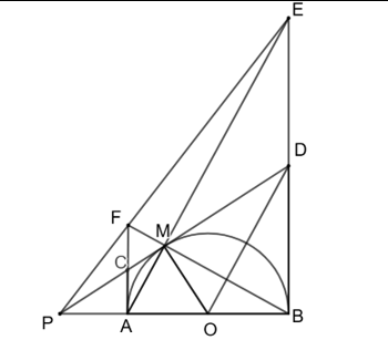 Cho nửa đường tròn (O) đường kính AB. Điểm M nằm trên nửa đường tròn (M  ≠  A, B). Tiếp tuyến tại M cắt tiếp tuyến tại A và B của đường tròn (O) lần lượt tại C và D. (ảnh 1)
