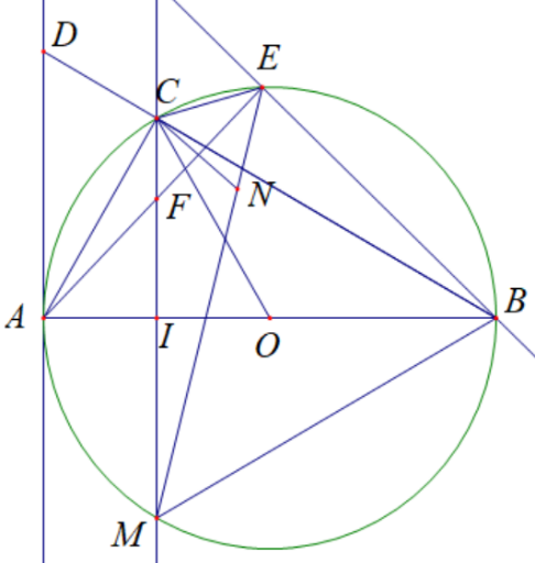  Cho đường tròn tâm đường kính AB=2R, trên đoạn OA lấy điểmI(I≠A;I≠O). Vẽ tia Ix⊥ABcắt (O) tại C. Lấy điểm E trên cung nhỏ BC(E≠B;E≠C), AE cắt CI tại F, gọi D là giao điểm của BC với tiếp tuyến tại A của (O;R). (ảnh 1)