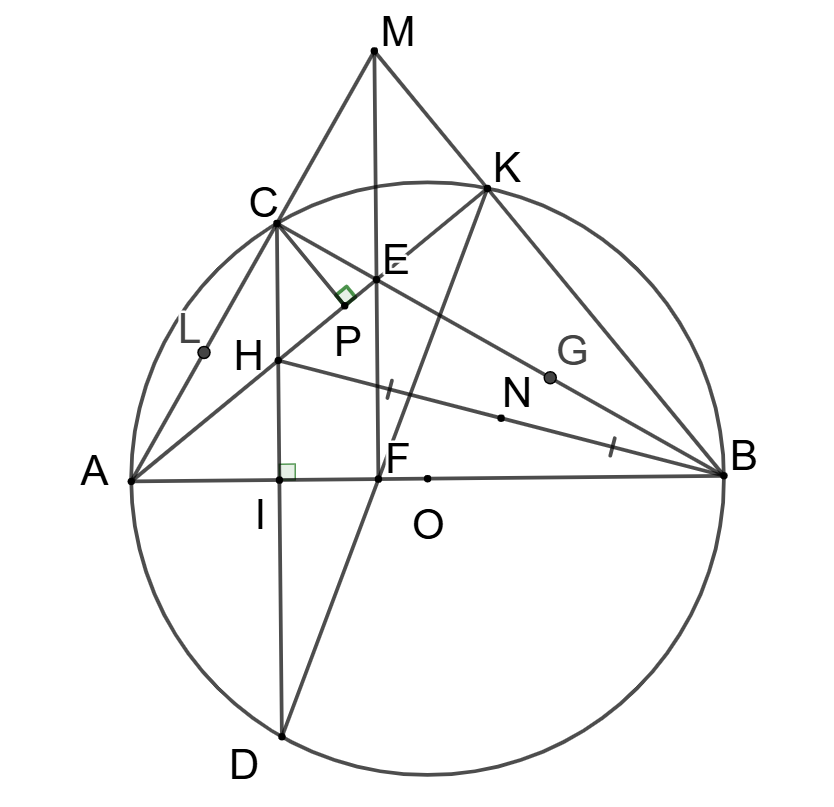  Cho (O,R) đường kính AB. Gọi I là trung điểm của OA. Kẻ dây CD vuông góc với AB tại I. Lấy điểm H thuộc đoạn IC, tia AH cắt đường tròn tại điểm thứ hai là K. Gọi N là trung điểm của HB. (ảnh 1)