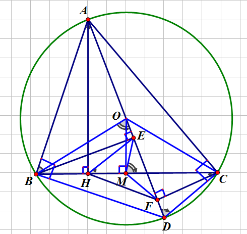  Cho tam giác ABC nhọn (AB<AC) nội tiếp đường tròn (O;R) .Vẽ đường cao AH của tam giác ABC và đường kính AD của(O). (a) Chứng minh hệ thức AB.AC=AH.AD. (b) Vẽ BE vuông góc với AD(E thuộcAD ) . Chứng minh: HE⊥AC. (c) Vẽ CF vuông góc với AD( F thuộcAD ). (ảnh 1)