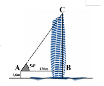Từ vị trí quan sát A cao 1,6m so với mặt đất, cách tòa nhà Trung tâm Hành chính Đà Nẵng 120m, người ta quan sát thấy đỉnh tòa nhà (điểm C) dưới góc nâng 540 so với phương ngang . Hãy tính chi (ảnh 1)