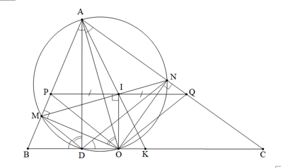  Cho tam giác ABC nhọn (AB < AC) có đường cao AD và đường phân giác trong AO (D, O thuộc cạnh BC). Kẻ OM vuông góc với AB tại M, ON vuông góc với AC tại N. (a) Chứng minh bốn điểm D, M, N, O cùng nằm trên một đường tròn. (b) Chứng minh OM=ON và ˆBDM=ˆODN. (ảnh 1)