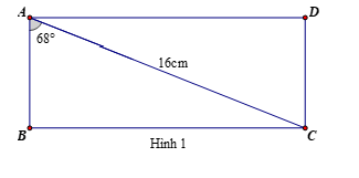  Tính các cạnh của hình chữ nhật ABCD. Biết đường chéo AC=16cmvà ˆBAC=68∘ (Hình 1). (ảnh 1)