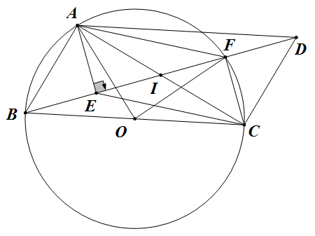  Cho tam giác ABCvuông tại A(AB<AC) nội tiếp trong đường tròn tâm O. Dựng đường thẳng d qua A song song BC, đường thẳng d’ qua C song song BA, gọi D là giao điểm của d và d’. Dựng AE vuông góc BD (E∈BD), (ảnh 1)