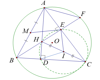 Cho tam giác ABC nhọn nội tiếp đường tròn (O). Các đường cao AD, BE cắt nhau tại H.
(a) Chứng minh các điểm C, D, H, E cùng thuộc 1 đường tròn.
(b) Kéo dài BE cắt đường tròn (O) tại điểm thứ  (ảnh 1)