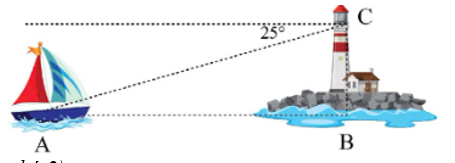 Một người quan sát ở đài hải đăng cao 150 m so với mực nước biển thì nhìn thấy một chiếc thuyền ở xa với một góc nghiêng xuống là 25°. Hỏi chiếc thuyền đang đứng cách chân hải đăng là bao nhi (ảnh 1)