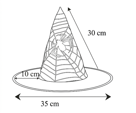 Một cái mũ như hình bên, gồm một hình nón và một hình vành khăn. Tính diện tích vải cần dùng để tạo ra bề mặt bên ngoài của cái mũ. Biết diện tích vải bị hao hụt khi may nón là \[17\% \] (kết (ảnh 1)