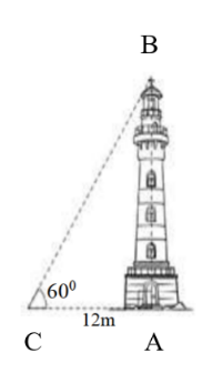  Một tòa tháp có bóng trên mặt đất dài 12m, biết rằng góc tạo bởi tia nắng mặt trời với mặt đất là 60o (xem hình vẽ). Tính chiều cao của tòa tháp (kết quả làm tròn đến hàng phần trăm). (ảnh 1)