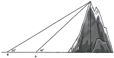 Từ hai địa điểm A, B người ta cùng nhìn thấy một đỉnh núi với góc nâng lần lượt là 40o và 30o (như hình vẽ). Biết khoảng cách giữa hai địa điểm A, B là 600 m. Tính c (ảnh 1)