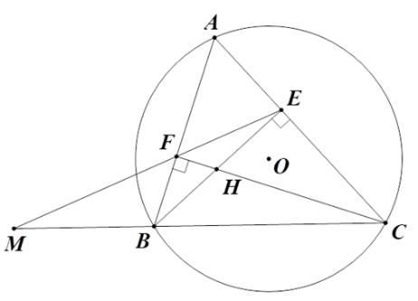  Cho tam giác nhọn ABC (AB<AC) nội tiếp đường tròn (O), các đường cao BE,CFcắt nhau ở H. (a) Chứng minh bốn điểm B,F,E,Ccùng thuộc một đường tròn. (b) Tia EF cắt tia CB tại M. Chứng minh : MF.ME=MB.MC (ảnh 1)
