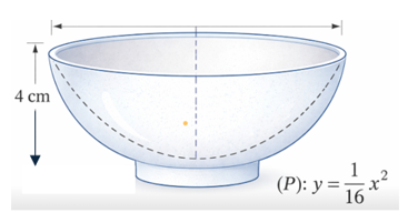  Người ta thiết kế một chiếc tô (không tính phần đế tô) trên bản vẽ, có mặt cắt dọc là một parabol (P), miệng tô là đường tròn. Trong mặt phẳng tọa độ Oxy, parabol (P) có phương trình y=1/16x^2. (ảnh 1)