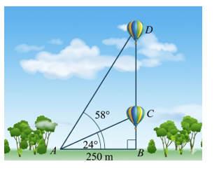 Một quả khinh khí cầu bay lên thẳng với một tốc độ không đổi. Một quan sát viên nhìn thấy quả khinh khí cầu với một góc 240. Hai phút sau đó, góc nhìn thấy khinh khí cầu là 580. Hỏi khinh khí (ảnh 1)