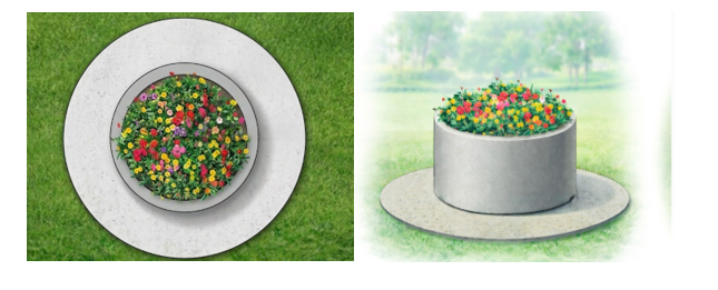 Trong một công viên, người ta xây một bồn hoa hình trụ ở giữa bãi cỏ như hình minh họa. Bồn hoa có bán kính đáy 2m (tính đến mép ngoài của bồn) và chiều cao 1,2m. Xung quanh bồn hoa là một lố (ảnh 1)