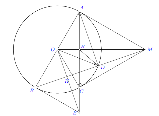 Từ một điểm M nằm ngoài đường tròn (O; R) với OM = 2R, kẻ hai tiếp tuyến MA, MC đến đường tròn (A, C là các tiếp điểm). Vẽ đường kính AB của đường tròn (O). Gọi D là giao điểm thứ hai của MB  (ảnh 1)