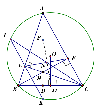  Cho ΔABC có ba góc nhọn nội tiếp đường tròn (O;R). Các đường cao AD,BF,CEcủa ΔABC cắt nhau tại H. (a) Chứng minh tứ giác BEHD nội tiếp một đường tròn. (ảnh 1)