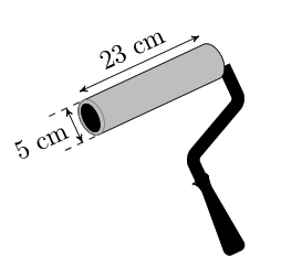  Bạn Toán đi mua giúp bố cây lăn sơn ở cửa hàng nhà bác Học. Một cây lăn sơn tường có dạng một khối trụ với đường kính đáy là 5 cm và chiều cao là 23 cm (hình vẽ bên).  (ảnh 1)