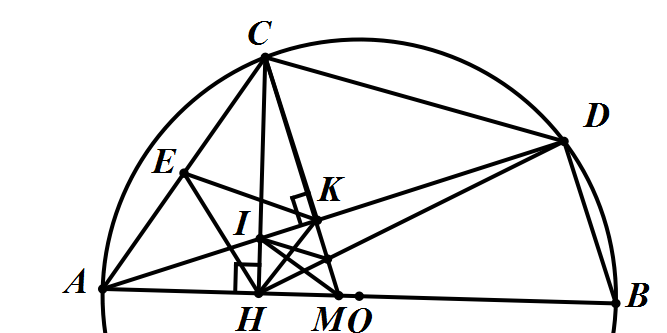  Cho nửa đường tròn (O), đường kính AB. Trên nửa đường tròn (O) lấy điểm C (C khác A và B). Trên cung nhỏ CB của nửa đường tròn (O) lấy điểm D (D khác C và B). Kẻ CH⊥AB tại H, CK⊥AD tại K. G (ảnh 1)