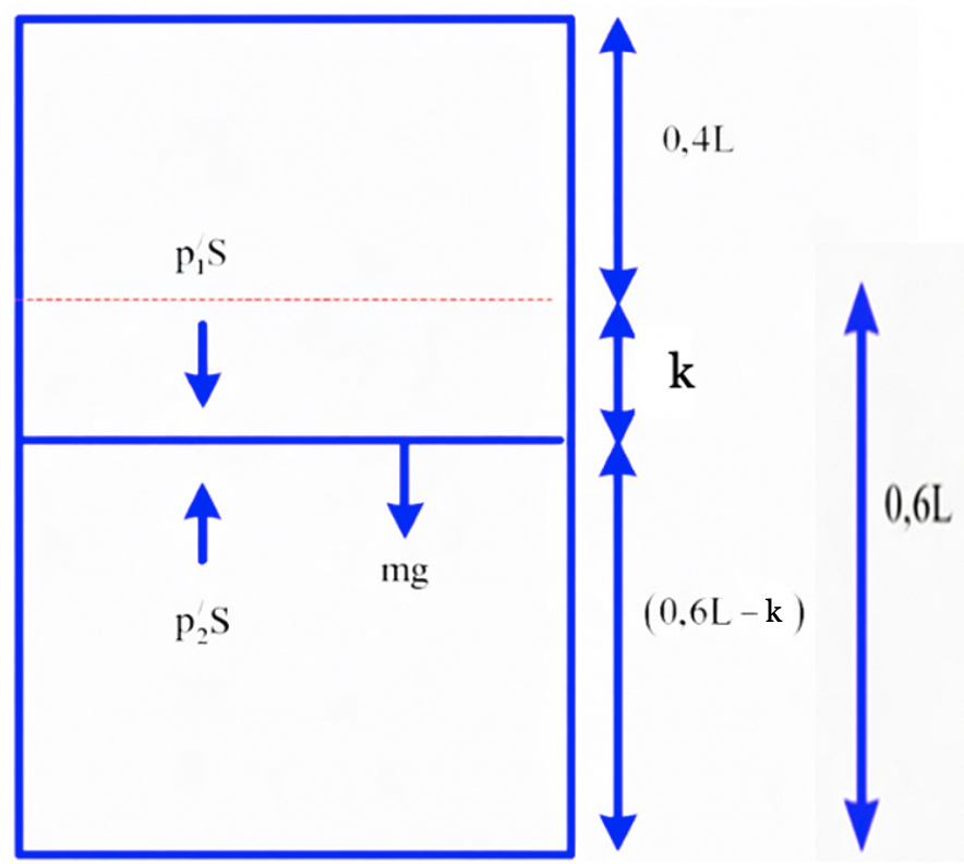 Giữ nhiệt độ ở phần 2 không đổi, nung nóng phần 1 đến nhiệt độ 600 K thì pit-tông cách đáy dưới khoảng là h. Tìm tỉ số h/L (làm tròn kết quả đến chữ số hàng phần tră (ảnh 2)