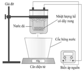 Một nhóm học sinh làm thí nghiệm xác định nhiệt nóng chảy riêng của nước đá với bộ dụng cụ gồm: Nhiệt lượng kế có nắp kín và đáy có lỗ hở, biến áp nguồn, dây nung công suất  (ảnh 1)