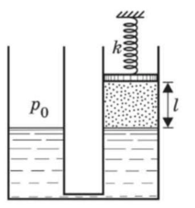 Trong hai bình thông nhau có mặt cắt ngang S = 50 cm^2, chứa nước. Trong một bình, có một piston không trọng lượng, được gắn với một lò xo cố định có độ cứng (ảnh 1)