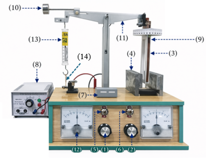 Một nhóm học sinh sử dụng thí nghiệm như hình bên để khảo sát lực từ tác dụng lên đoạn dây dẫn mang dòng điện và đo độ lớn cảm ứng từ B. Trong đó: Khung dây (3) gồm N vòng dây, chiều dài cạnh (ảnh 1)