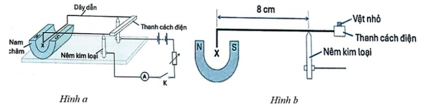 Để đo cảm ứng từ trong lòng một nam châm, một bạn học sinh bố trí thí nghiệm như Hình a. Ban đầu, khung dây được giữ cân bằng trên nêm kim loại bằng thanh cách điện.
 (ảnh 1)