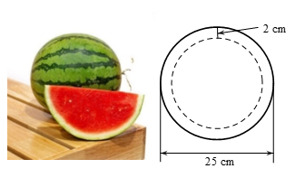 Giả sử một quả dưa hấu không hạt ruột đỏ dạng hình cầu có đường kính 25cm và phần vỏ dày 2cm. Coi phần ruột màu đỏ cũng có dạng hình cầu và đặc. Thể tích phần ruột màu đỏ chiếm bao nhiêu phần (ảnh 1)