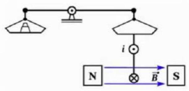 Một khung dây dẫn hình vuông, cạnh a = 10 cm có 200 vòng dây. Khung được treo thẳng đứng dưới đĩa cân. Cạnh dưới của khung nằm ngang trong từ trường đều của nam châm chữ U  (ảnh 1)
